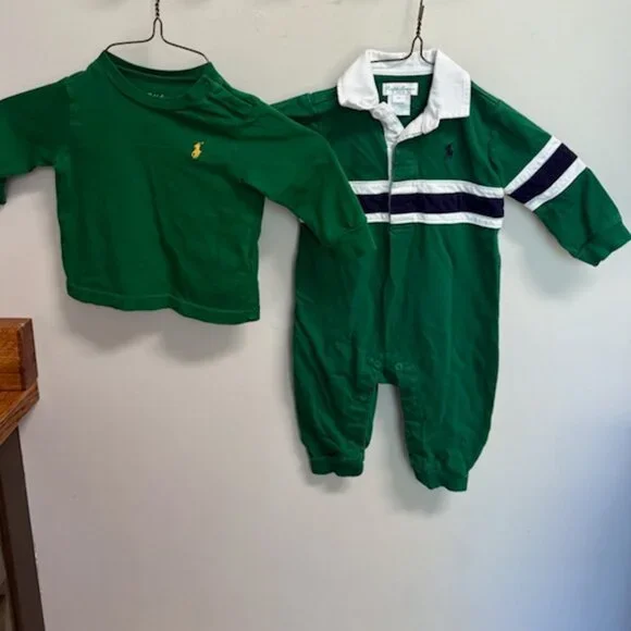 Ralph Lauren Green, Navy, White Rugby-Stripe 6 Month Romper with Bonus Shirt - Picture 1 of 4